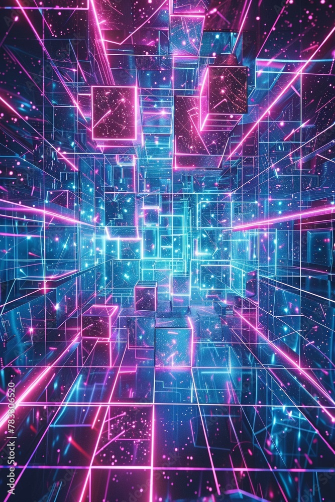 Cyberspace realm environment, 3D render of vast luminous neon wireframe lattice structures, 3D vibrant dynamic illustrate Cyberspace realm environment, 3D render of vast luminous neon wireframe lattice structures, 3D vibrant dynamic illustrate