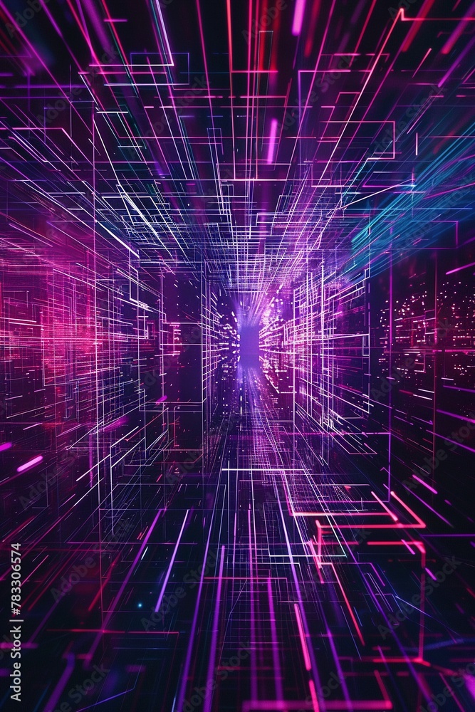 Cyberspace realm environment, 3D render of vast luminous neon wireframe lattice structures, 3D vibrant dynamic illustrate