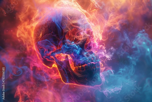 Decayed cranium amidst a mesmerizing swirl of luminous mist  2D digital lofi syncwave music style