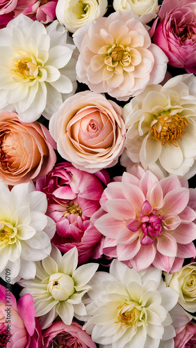 White  cream and pink roses  dahlias  peonies. Spring flowers  top view. Trendy vertical floral background.