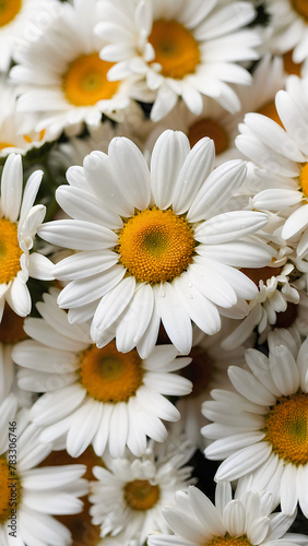 White daisies  top view. Chamomile flowers. Trendy vertical floral background.