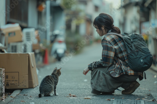 a woman kneeling down next to a cat