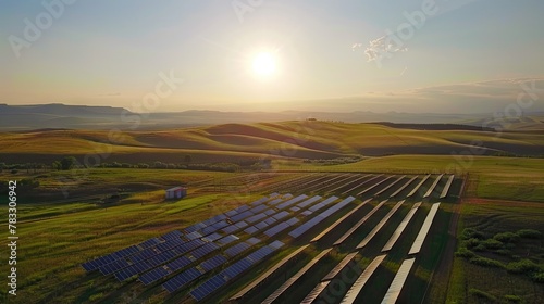 An overhead view of a sunny solar farm in a lush grassland