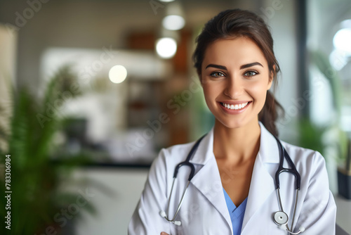 Young white woman wearing doctor uniform and stethoscope with a happy smile. Lucky person