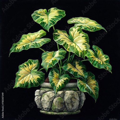 a Fannie Munson Caladium elephant ear potted plant, in Painterly, photo realistic, highly detailed, detailed lines, centered photo