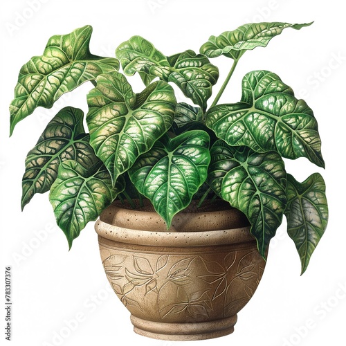 a Fannie Munson Caladium elephant ear potted plant, in Painterly, photo realistic, highly detailed, detailed lines, centered photo