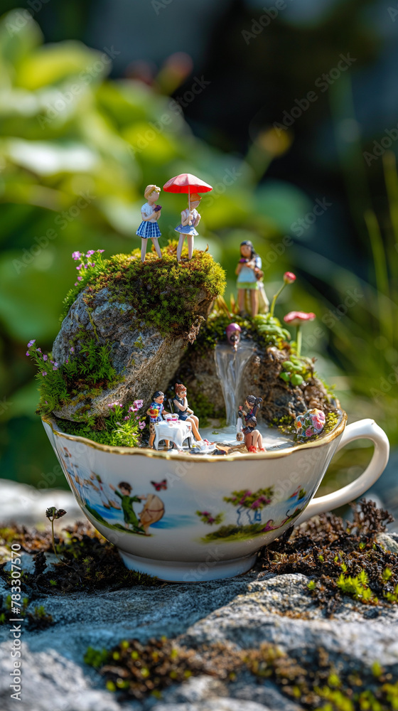 Enchanted teacup fairy garden with a detailed miniature world, perfect for fantasy illustrations or children's book covers Enchanted teacup fairy garden with a detailed miniature world, perfect for fantasy illustrations or children's book covers