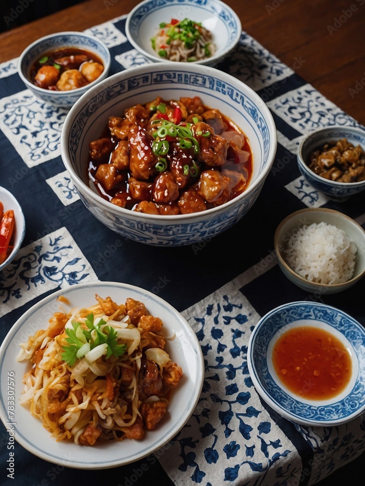 Top view of chinese food in tablecloth arrangement Top view of chinese food in tablecloth arrangement