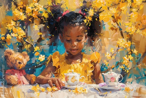 A young african american girl is having a tea party under the golden osmanthus blossoms 