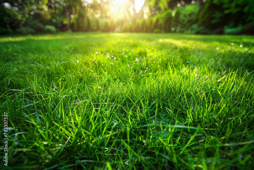 a grassy field with the sun shining through the trees