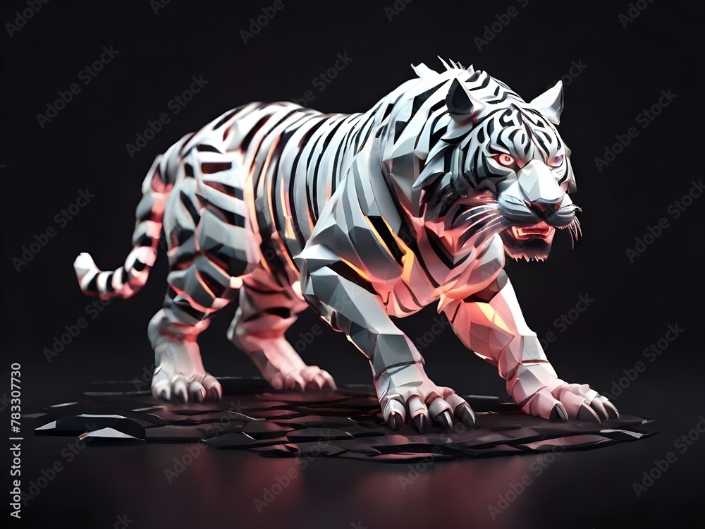 Obraz premium Illustration of Low poly 3d image of low poly white tiger neon theme floating in metaverse 3d black background. 