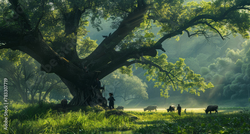 a group of people standing under a large tree © NguyenThi