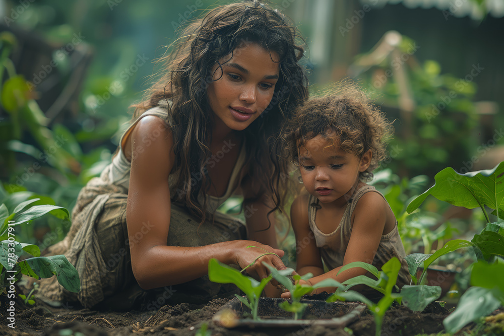 A mother teaching her child how to garden, instilling a love for nature and sustainability. Concept of maternal nurturing and environmental awareness. Generative Ai. - obrazy, fototapety, plakaty 