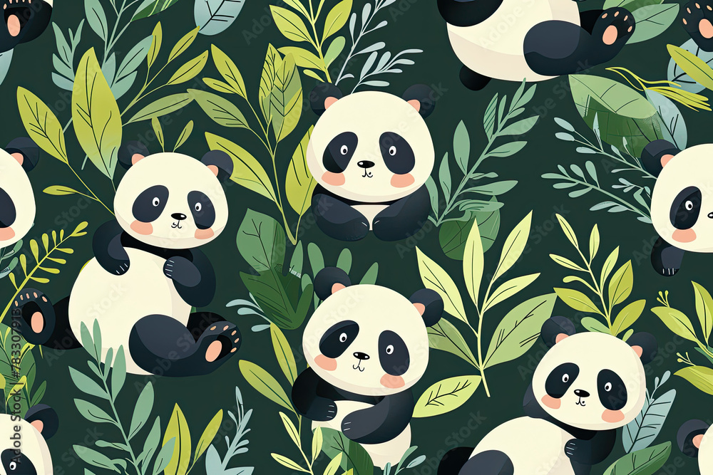 Cute Funny Pandas Seamless Pattern Vector Illustration - Flat Style Cute Funny Pandas Seamless Pattern Vector Illustration - Flat Style