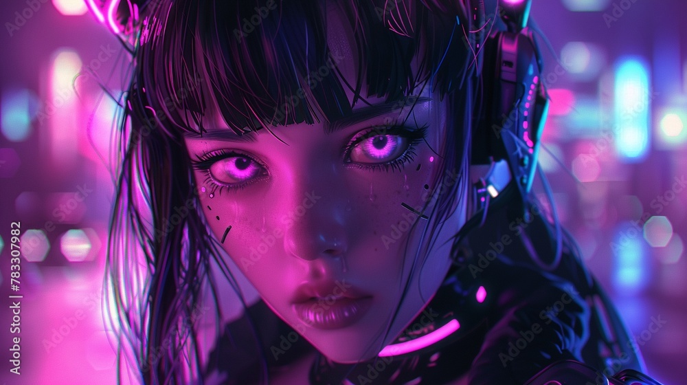 Envision a captivating fusion of gothic and cyberpunk influences in an anime-style artwork, featuring a charismatic gamer girl adorned with glowing neon accents and distinctive horns Envision a captivating fusion of gothic and cyberpunk influences in an anime-style artwork, featuring a charismatic gamer girl adorned with glowing neon accents and distinctive horns