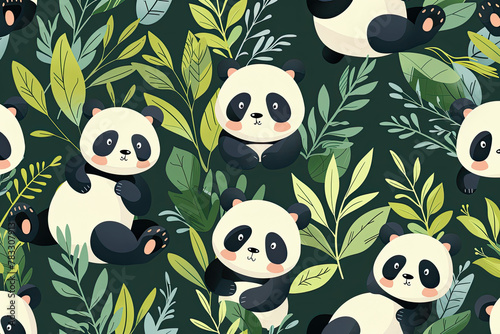 Cute Funny Pandas Seamless Pattern Vector Illustration - Flat Style