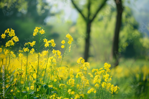 a field full of yellow flowers next to trees