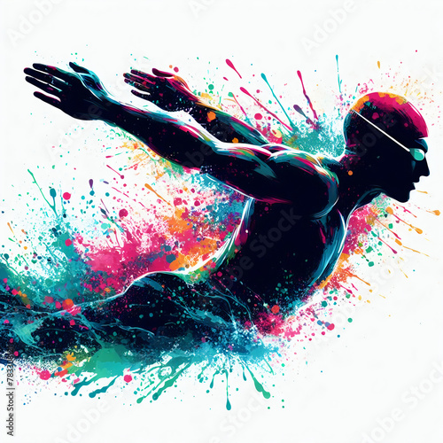 man sport swimmer swimming splash color paint and white background