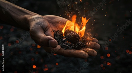 A hand squeezes burning coal against a black backdrop. Witness the power of endurance and resilience © pvl0707