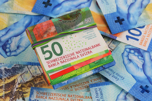 Banknotes folded in half and others, CHF, Swiss currency