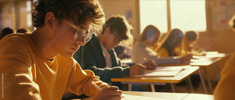 Multiple students sitting at desks in a classroom, engaged in study or exam activities.