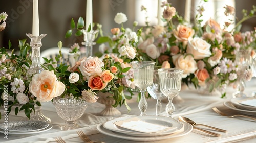 Wedding reception table setting with beautiful flowers , sparkling glassware and dishes, extra wide with copy space photo