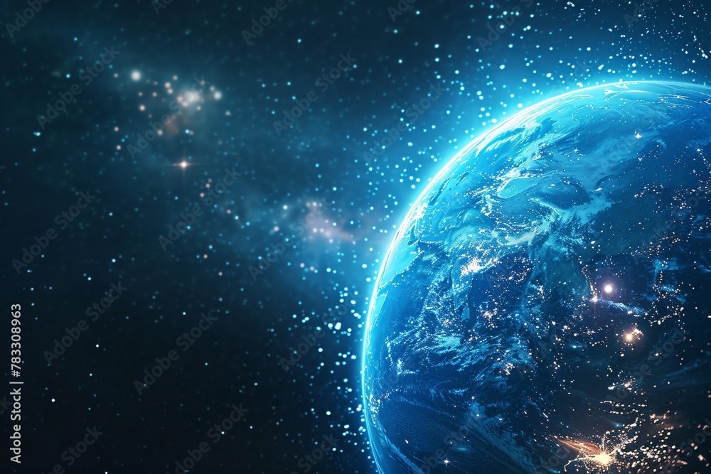 Fototapeta premium Telecom guardian satellite in shades of blue orbits Earth an emblem of advanced global links