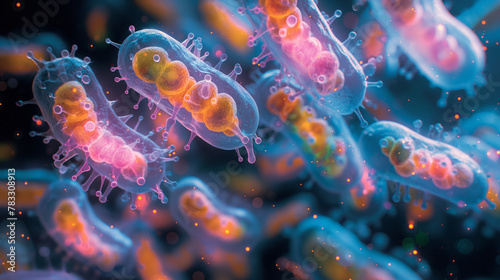Microbial Community: Under the lens of a powerful microscope, a diverse ecosystem of microbes comes into focus. Bacteria, archaea, and protists swirl and dance in a bustling metrop