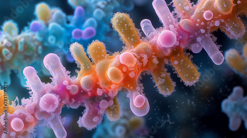 Microbial Community: Under the lens of a powerful microscope, a diverse ecosystem of microbes comes into focus. Bacteria, archaea, and protists swirl and dance in a bustling metrop © Наталья Евтехова