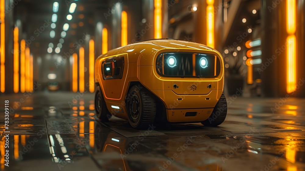 A yellow robotic vehicle is cruising along a damp road