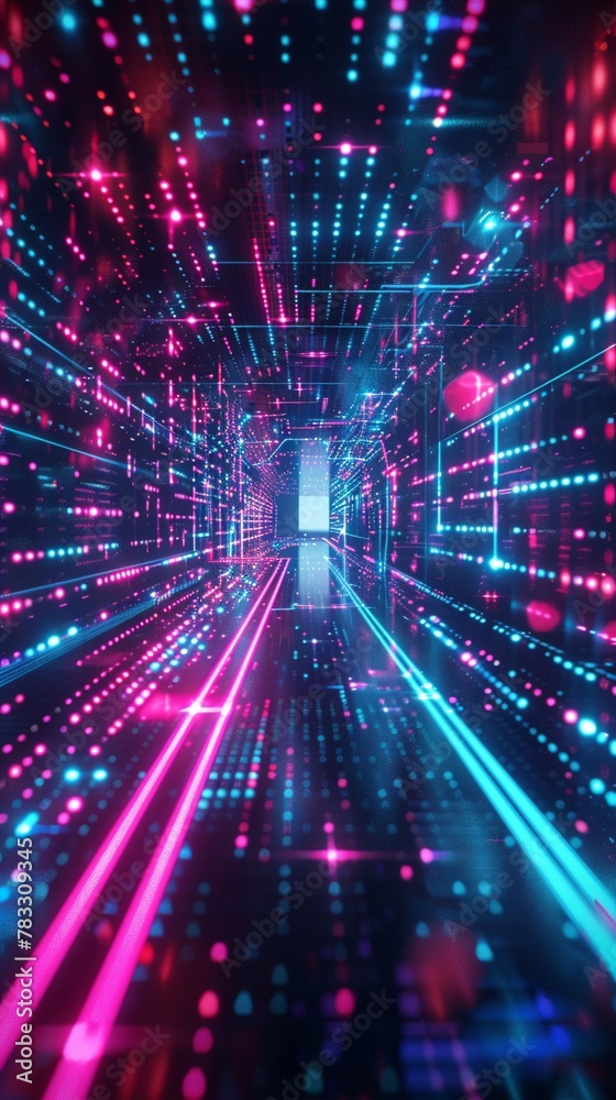 Fototapeta premium Futuristic cyber realm environment, 3D render of glowing neon lattices in vast virtual space, 3D Scientific Visualization