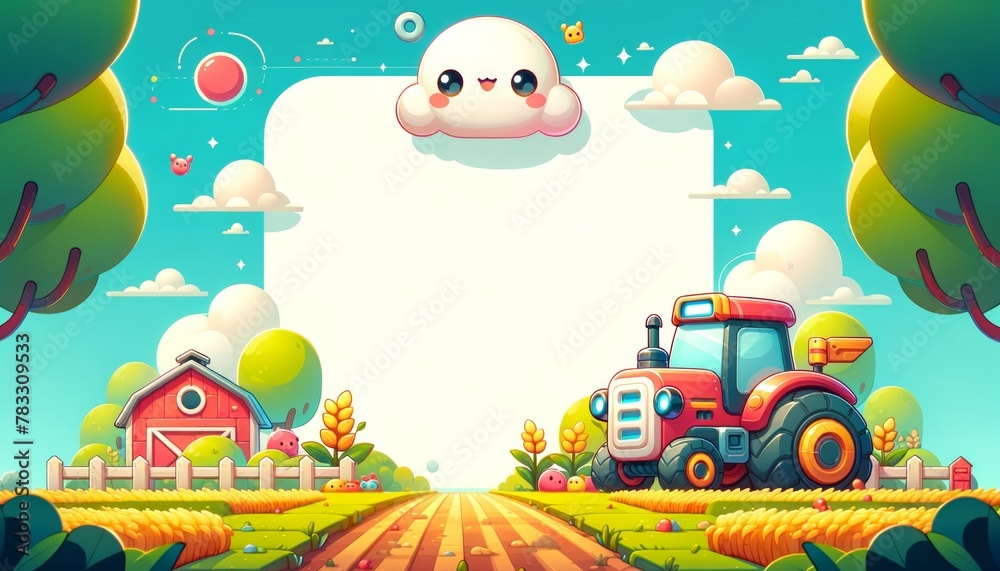 Fototapeta premium Bright and Playful Countryside Farm Scene with Tractor and Clouds