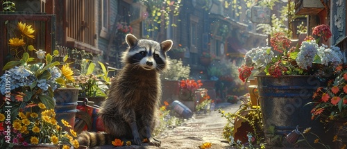 Imagine a tranquil garden oasis hidden within a bustling city, where a family of raccoons scavenges for food among the flower beds photo