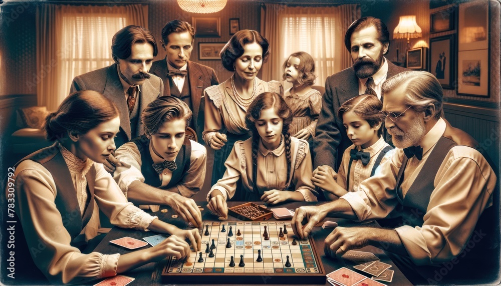 Family Engaged in Chess Game During Vintage-Styled Indoor Gathering