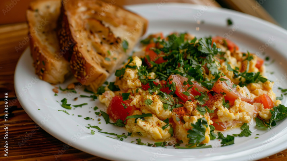 Plate of egyptian scrambled eggs with tomatoes, garnished with fresh herbs and sesame bread Plate of egyptian scrambled eggs with tomatoes, garnished with fresh herbs and sesame bread