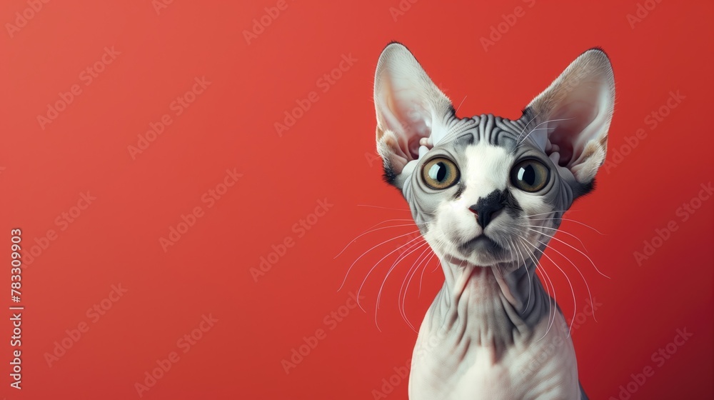 Sphinx cat on red background, looking at camera with whiskers