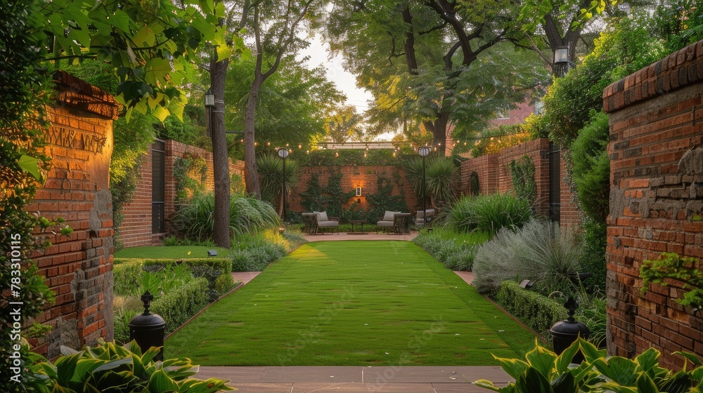 harmonious blend of nature and architecture amidst lush green lawns and rustic brick walls harmonious blend of nature and architecture amidst lush green lawns and rustic brick walls