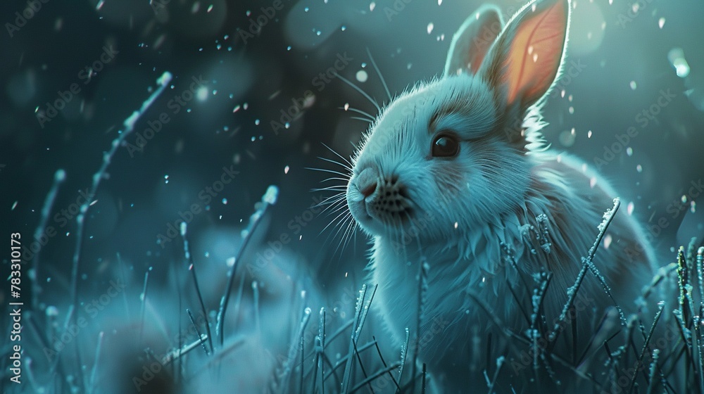 In a world where survival is a daily struggle, a neglected bunny finds warmth and shelter with a kind-hearted animal rescuer - obrazy, fototapety, plakaty 
