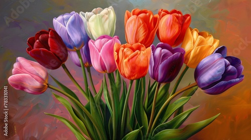 Tulips in an array of colors stand tall in an oil painting each petal a stroke of genius reflecting the springs renewal © Sara_P