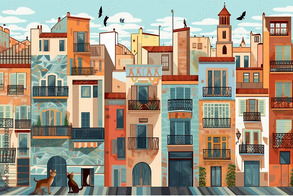 Fototapeta premium Barcelona urban landscape. Pattern with houses. Illustration