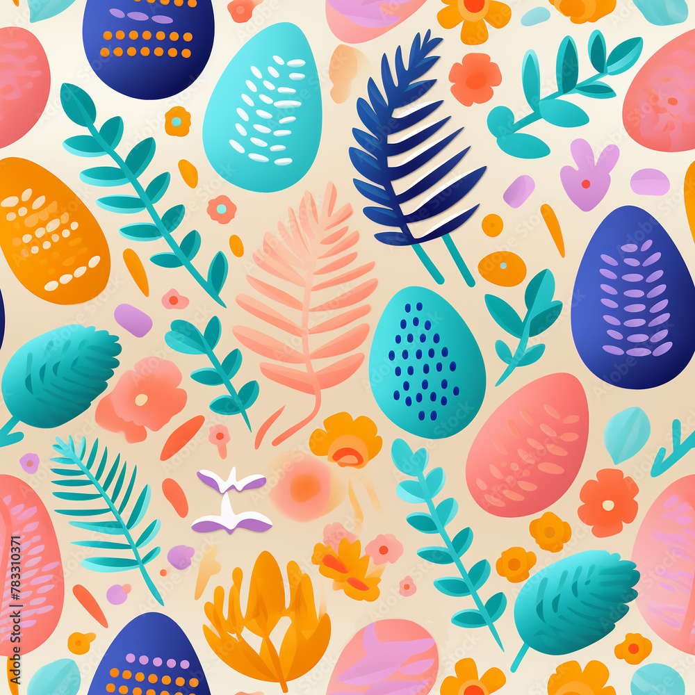 Adorable Easter Bunny and Colorful Decorated Eggs Seamless Pattern, 
Watercolor Illustration for Spring Holiday Designs