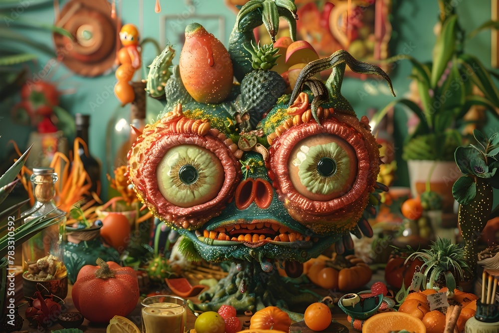 Surreal and Vibrant Digital Artwork of a Fantastical House Party Setting with Anthropomorphic Floral and Fruit Arrangements