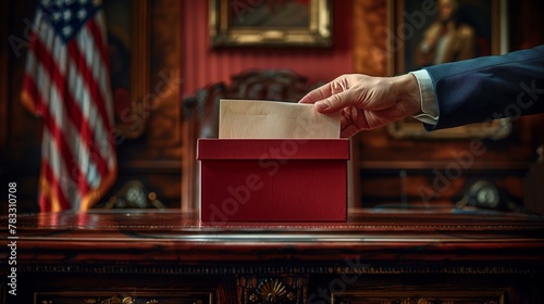 Wooden box, mans gesture, voting event, paper ballot