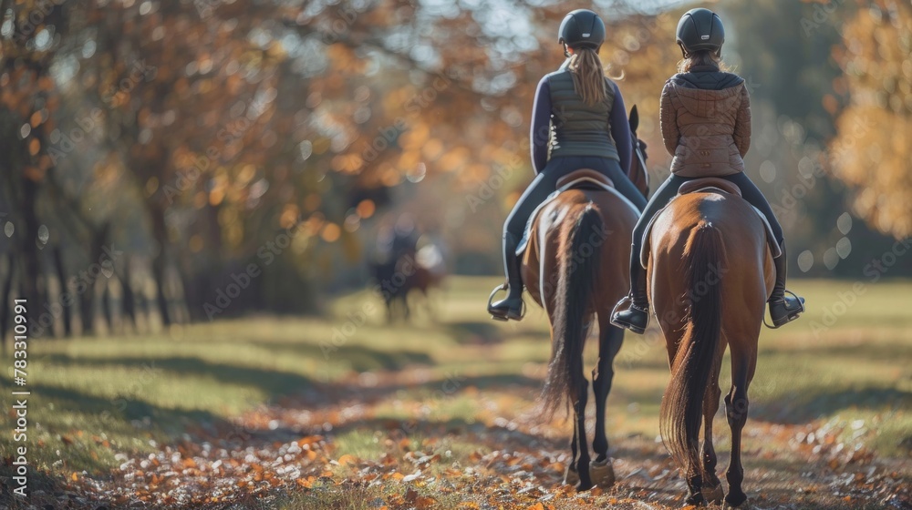 Two young women riding horse in park. Horse walk in summer Two young women riding horse in park. Horse walk in summer