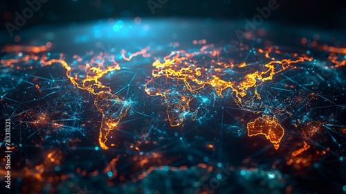 Glowing world map on dark background. Globalization concept. Communications network map of the world. Technological futuristic background. World connectivity and global networking concept #783311321