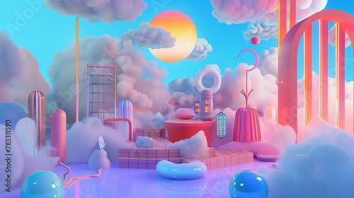 Isolated floating objects in a psychedelic dreamscape 3D style isolated flying objects memphis style 3D render AI generated illustration