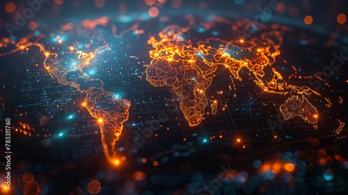 Glowing world map on dark background. Globalization concept. Communications network map of the world. Technological futuristic background. World connectivity and global networking concept