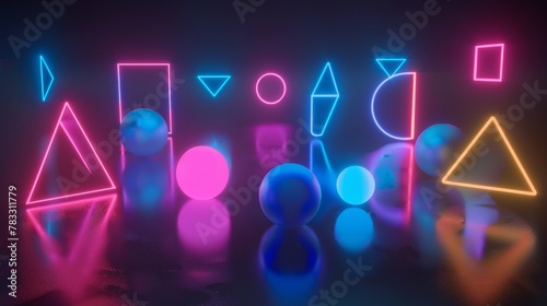 Isolated neon shapes floating in a sea of black 3D style isolated flying objects memphis style 3D render AI generated illustration