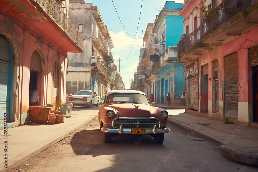 Old Havana downtown Street with old car