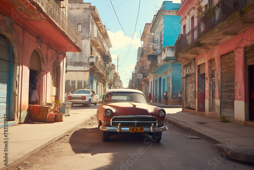 Old Havana downtown Street with old car photo